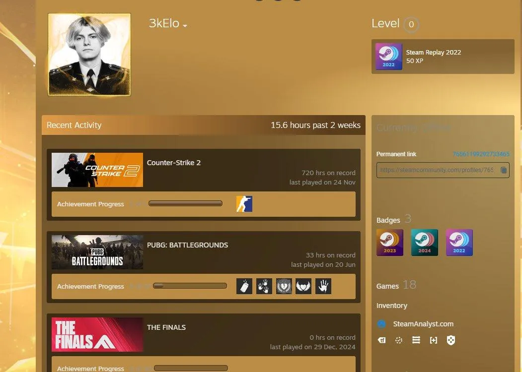 CS237 10 LVL FACEIT 2112 ELO - 809 Matches - 2022 Registration - 720 Hrs in Steam - 18 Games - 3 Steam Badges - 1000 FACEIT Points 